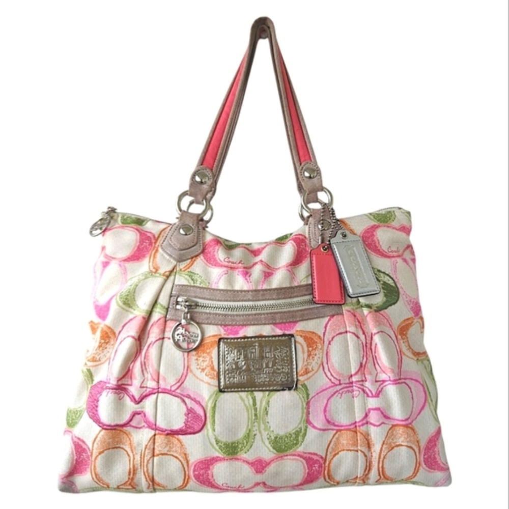 Coach Poppy Dream Scribbles Pink, Green & Orange Canvas Tote Bag | EUC